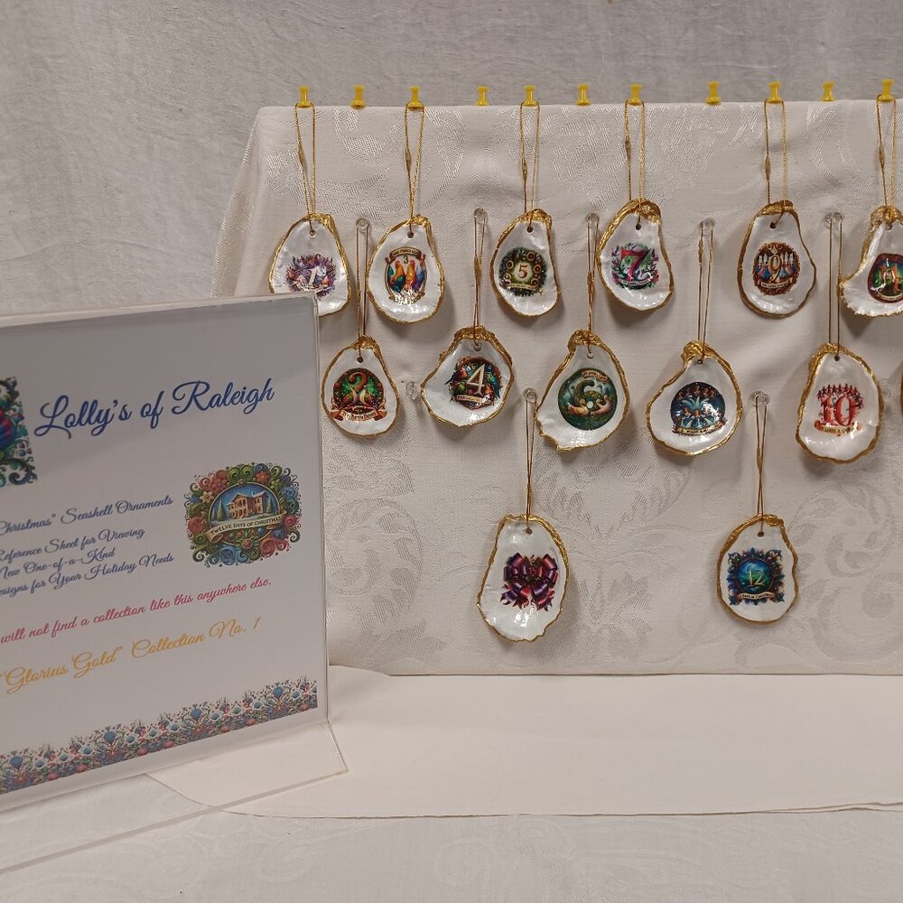 Glorious Gold #1 12 Days of Christmas Oyster Shell Ornaments + 2 Bonus Ornaments